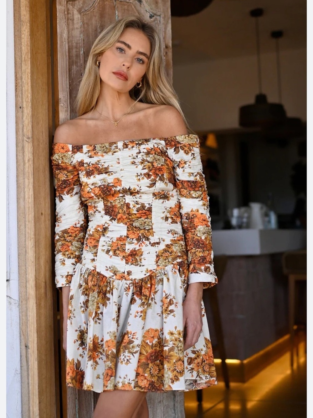 Alemais Off-Shoulder Floral Mini Dress in White and Burnt Orange